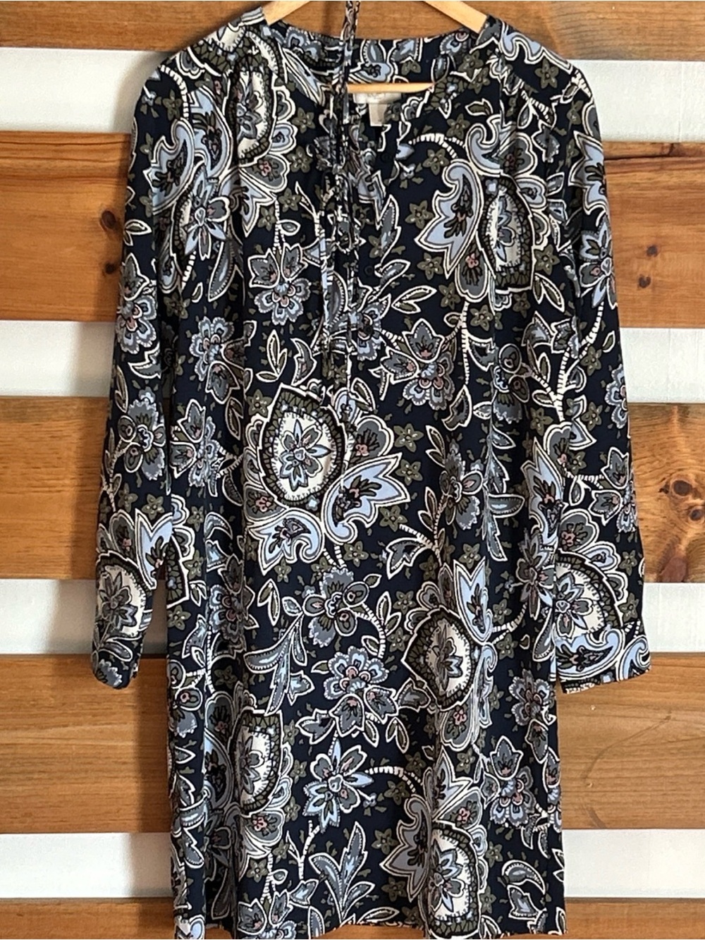 LOFT Navy Blue Paisley Floral Tie-Waist 3/4 Button Sleeve Boho Shirt Dress Med.